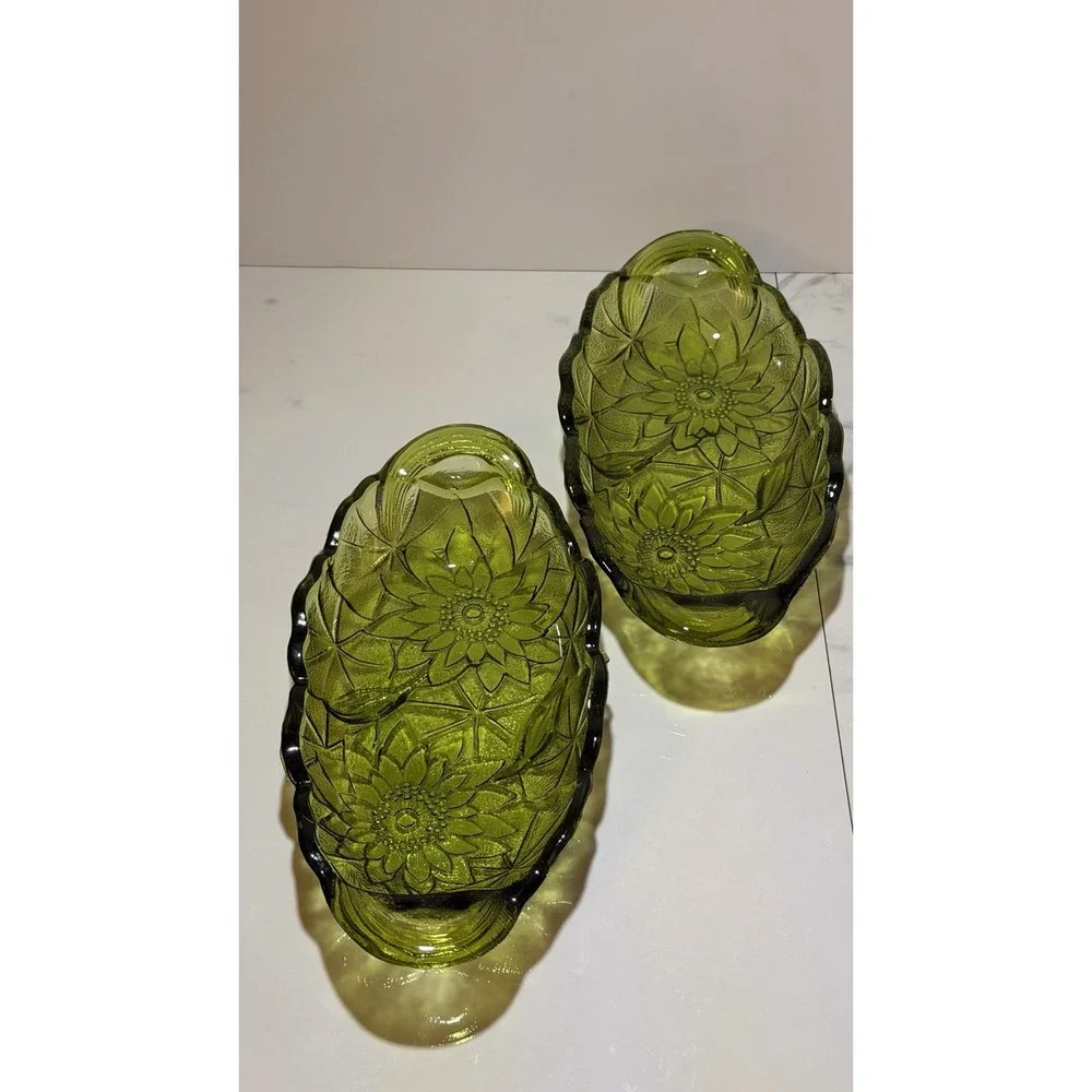2 Avocado Green Serving  Glass Dish Sunflower Pattern Celery